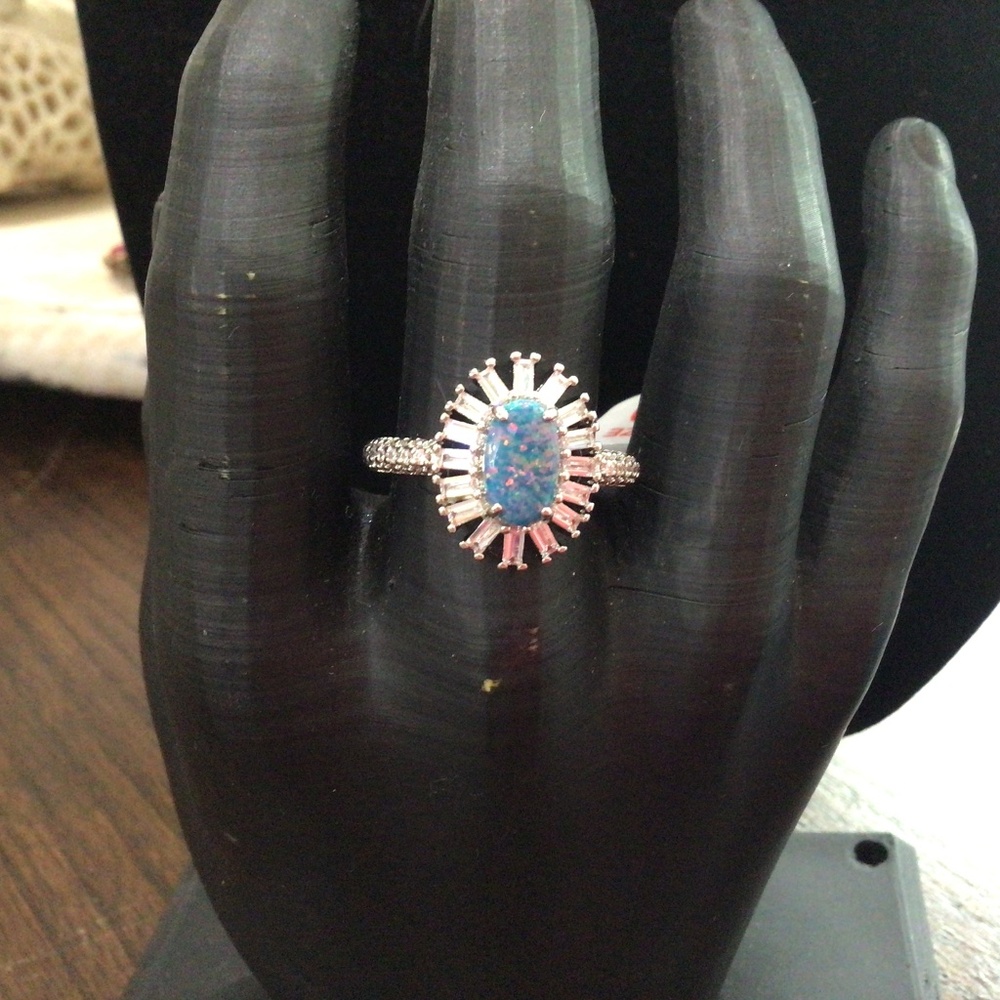 Bomb Party “ Sparkling Gaze” Lab created emerald fire opal. Rhodium plated.sz 10